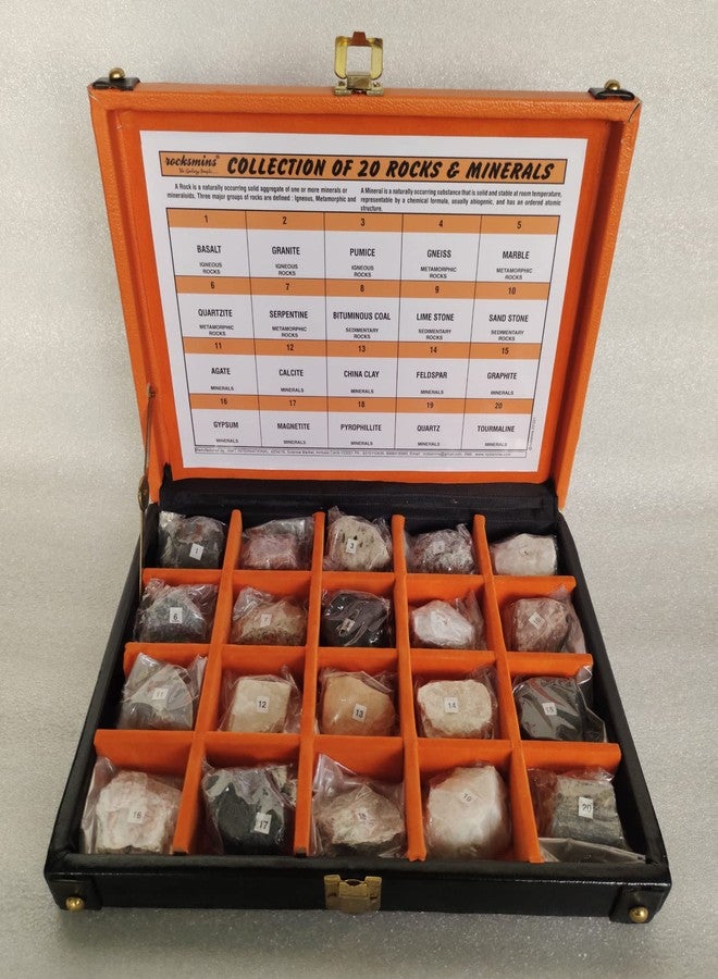 روكسمينز مجموعة روكسمنز RM20WB-برتقالي أسود، تضم 20 صخرة ومعدنًا في صندوق خشبي فاخر وثقيل باللونين البرتقالي والأسود. تحتوي على عينات كبيرة من الصخور النارية والرسوبية والمتحولة والمعادن، وهي مناسبة لمجموعة تعليمية. - Image 2